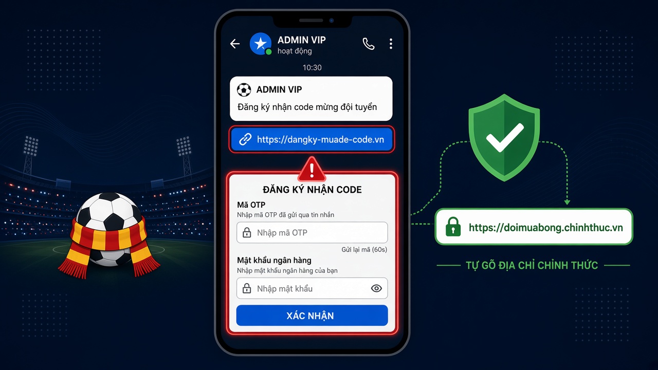 Chiêu đăng ký nhận code mừng đội tuyển: tin nhắn ADMIN VIP gửi link form giả đòi mã OTP và mật khẩu ngân hàng