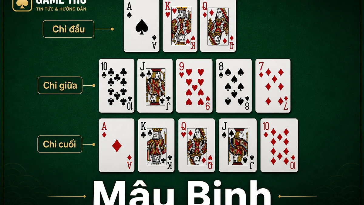Minh họa luật Mậu binh: 13 lá chia thành chi đầu 3 lá, chi giữa và chi cuối mỗi chi 5 lá