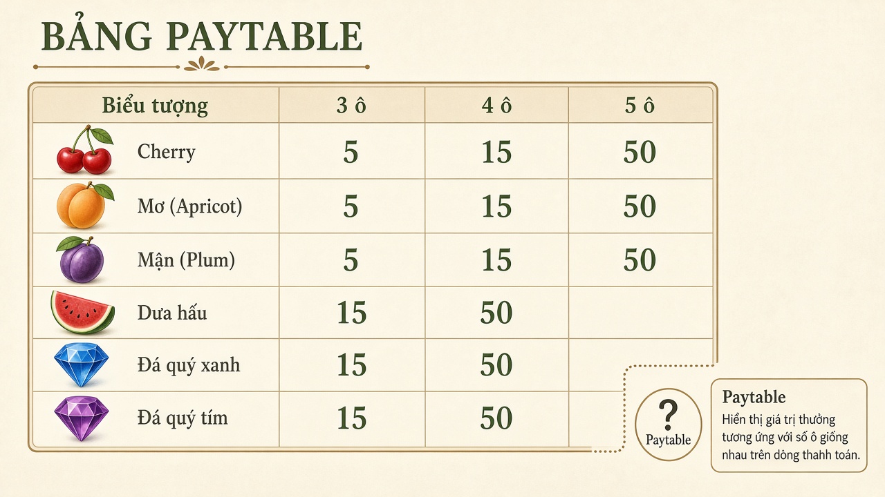 Sơ đồ paytable slot: cột biểu tượng và hệ số khi khớp 3, 4, 5 ô trên bảng trả thưởng